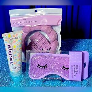 BEAUTY BUNDLE: Purple Hot/Cold Mask, Headband, Wristbands, Shea Butter Cr…